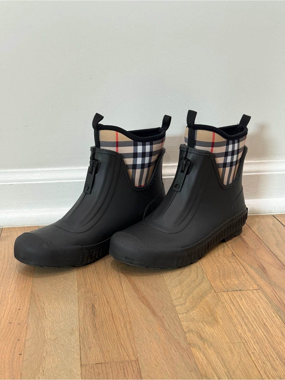 Burberry Women’s Black Ankle Rain Boots with Plaid Trim